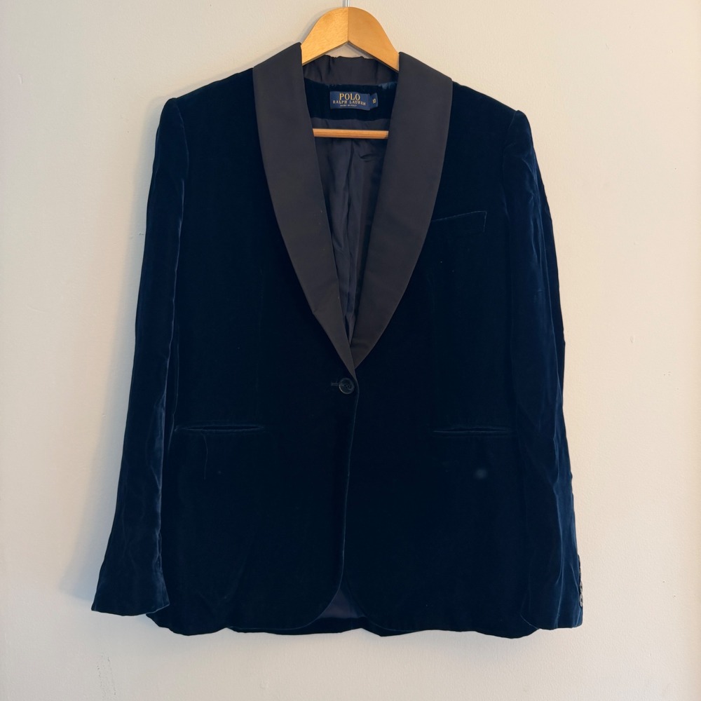 Polo Ralph Lauren Navy Blue Velvet Silk Shawl Collar Blazer Jacket Womens 10